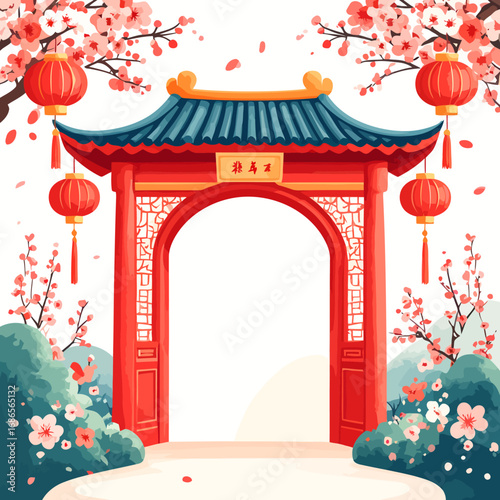 Traditional Red Chinese Archway with a Blue Tiled Roof.