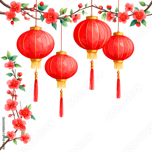 Traditional Chinese Red Lanterns Hanging with Cherry Blossoms.