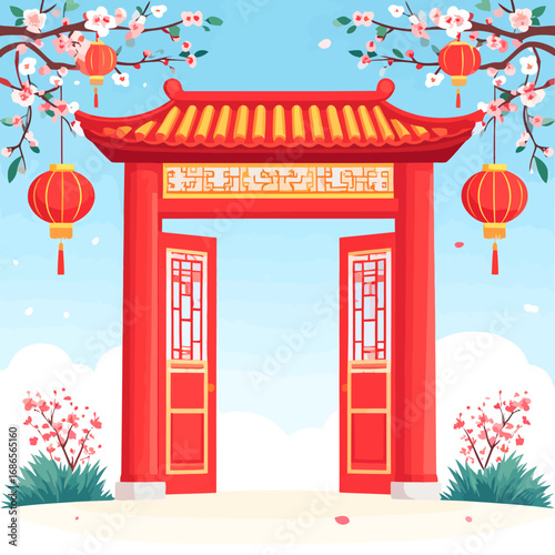 Open Traditional Red Chinese Gate with Golden Roof.