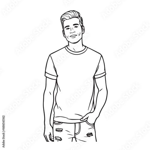 Handsome Man Black and White Illustration Vector Image Male Portrait Fashion Sketch Line Art Design