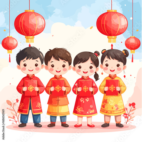 Joyful children in traditional Chinese attire celebrating the Lunar New Year.