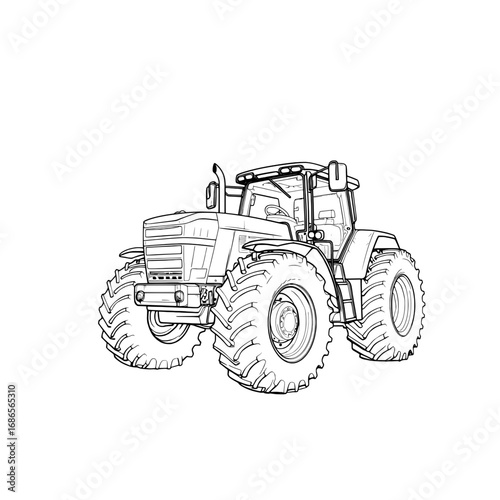 Detailed black and white line drawing of a large agricultural tractor, showcasing its design and components.