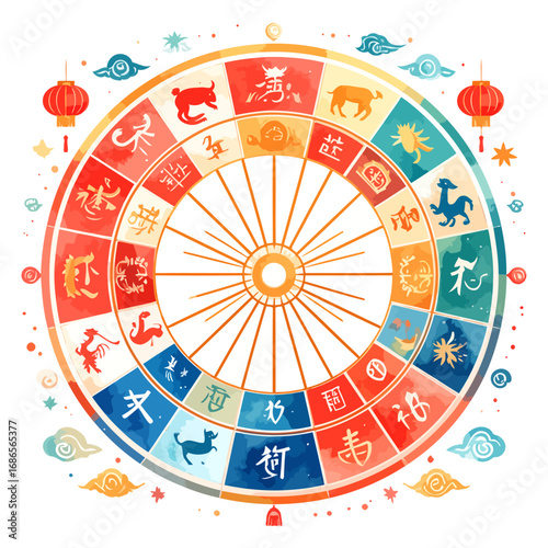 Colorful Chinese Zodiac Wheel with Twelve Animals and Symbols.