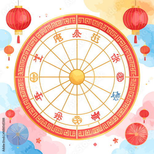 Chinese Zodiac Wheel Chart with Twelve Animals.