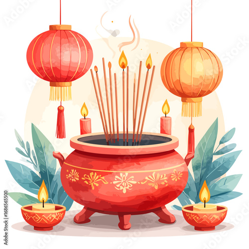 chinese incense burner with candles and lanterns.