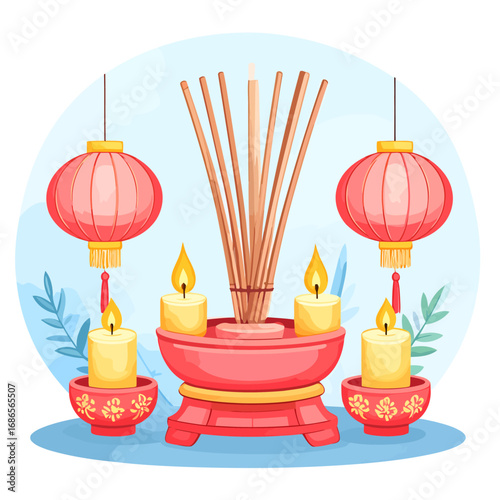 Traditional Chinese Incense and Candle Offering.