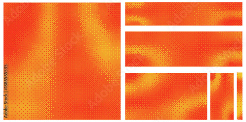 Pixelated bitmap gradient texture. Horizontal and vertical abstract backgrounds with a red and orange halftone pattern.