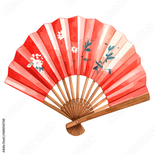 Elegant red and white hand fan with floral design and wooden handle.