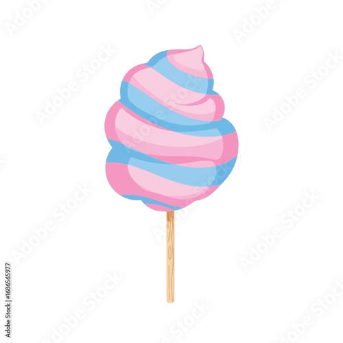 A sweet pink and blue swirled cotton candy confection on a wooden stick.