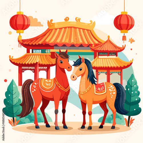 Two adorned horses standing side by side.