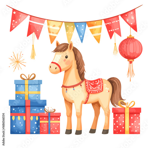 Watercolor festive horse with gifts and celebration decorations.