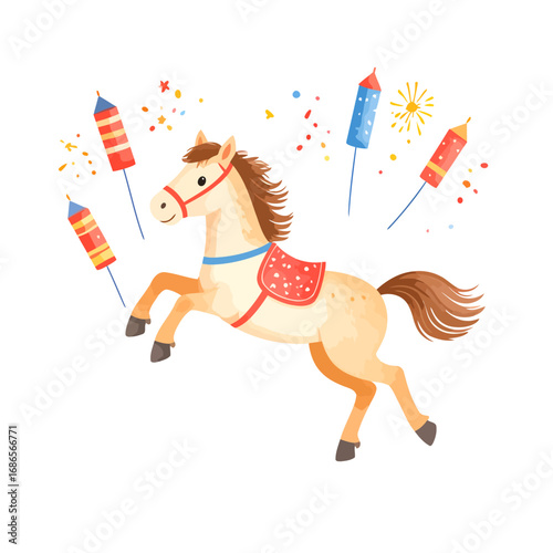 A playful tan horse leaping joyfully.