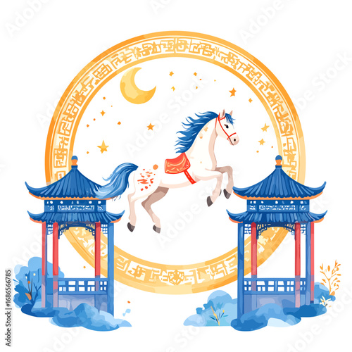 Beautiful white horse with blue mane and tail jumping.