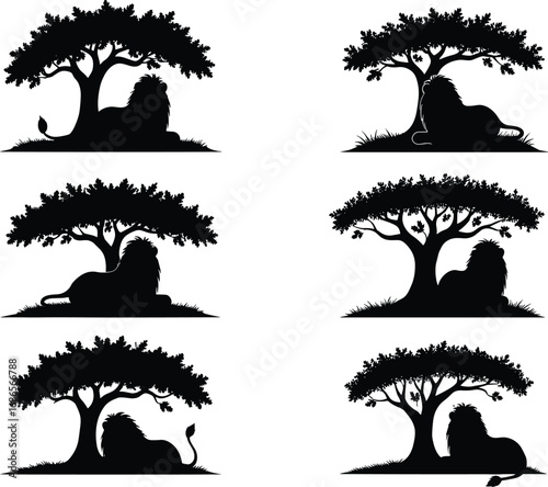 Lion silhouette set, resting under tree in grassy terrain, savanna wildlife vector for nature, anatomy, storytelling, and design reference