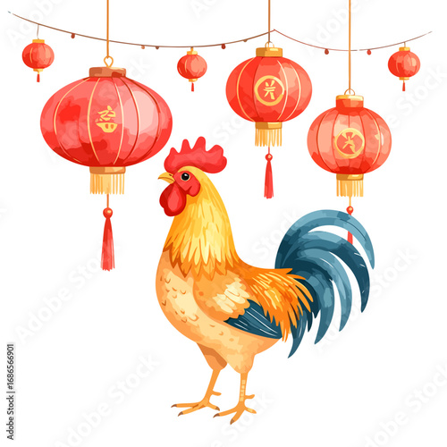 Vibrant Rooster Amidst Festive Chinese Lanterns Celebrating the Lunar New Year.