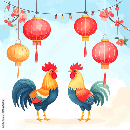 Two Roosters Facing Each Other, Chinese New Year Theme.