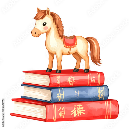 Cute Cartoon Horse Figurine on Stack of Books.
