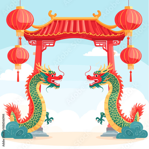 Two majestic dragons flanking a traditional Chinese gate.