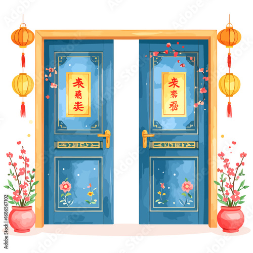 Traditional Chinese New Year Double Doors Decorated with Lanterns and Flowers.