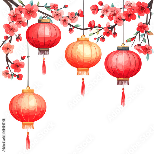 red chinese lanterns hanging from branches with cherry blossoms.