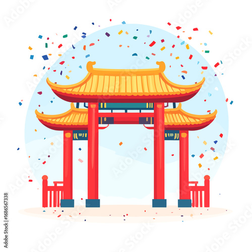 Traditional Chinese gate with red pillars and golden roof.