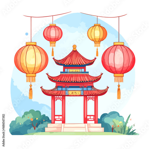 Traditional Chinese Pagoda with Lanterns and Lush Greenery Illustration.
