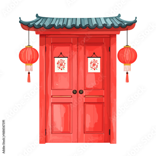Red Chinese door with lanterns and traditional architecture.