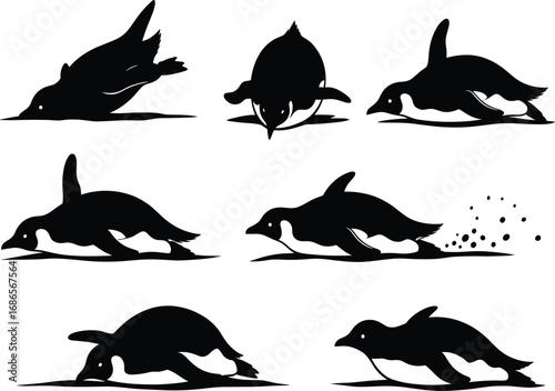 Penguin silhouette set, belly-sliding motion across ice, playful animal vector for nature, anatomy, behavior, and design reference artwork