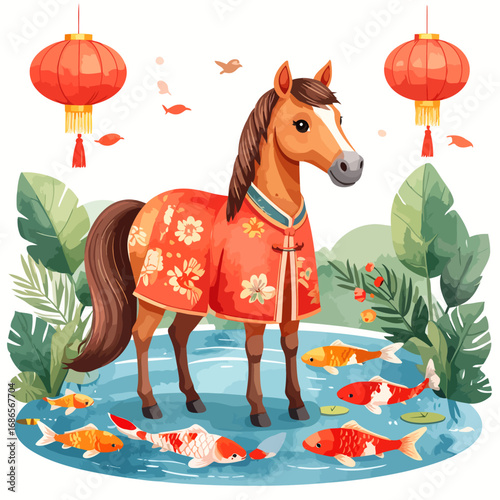 Festive Horse in Traditional Attire with Koi Fish Pond.