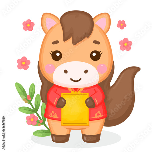 Cute cartoon horse in traditional Chinese clothing holding a gold ingot.