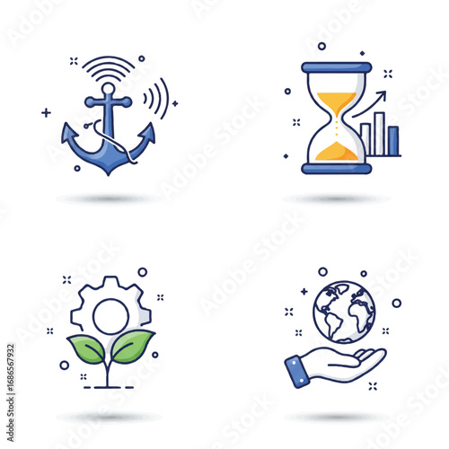Abstract Vector Icon Pack: Stability, Time Management, Growth, Environment Concepts – Anchor WiFi, Hourglass Chart, Gear Seed, Hand Planet. Flat 2D Symbols.