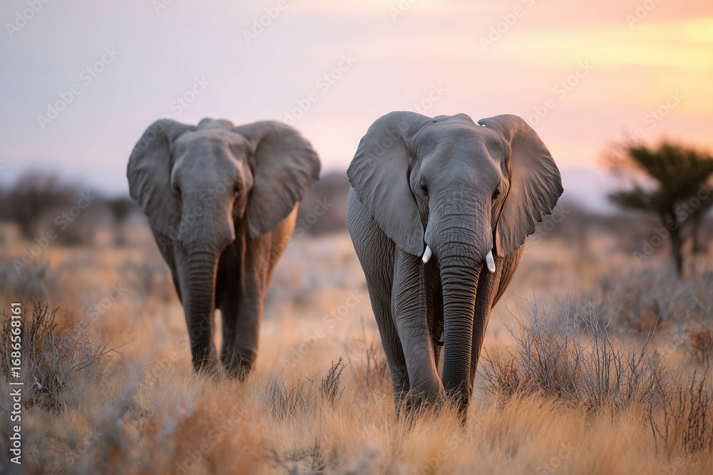 Fototapeta premium Wild elephants walking peacefully in African savannah at sunset