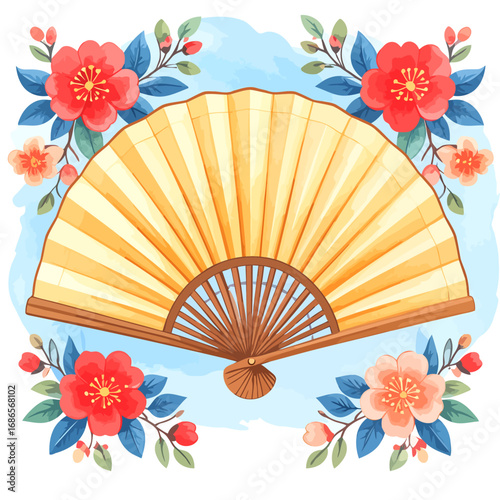 Watercolor Japanese Folding Fan Traditional Cultural Accessory.