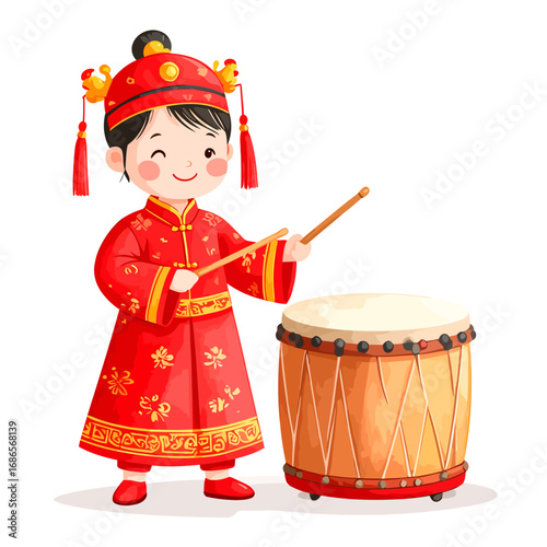 Chinese Boy in Traditional Red Costume Playing Drum.