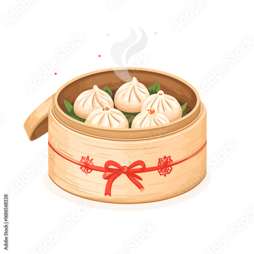 Steaming bamboo steamer basket filled with delicious dumplings.