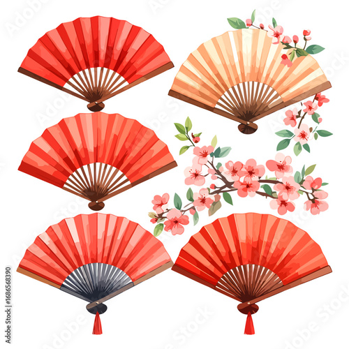 Watercolor collection of traditional Japanese hand fans and sakura branch.
