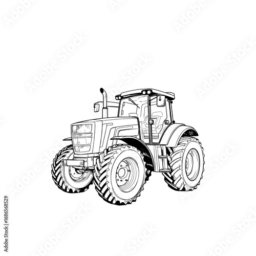 Detailed black and white line drawing of a tractor on a white background.