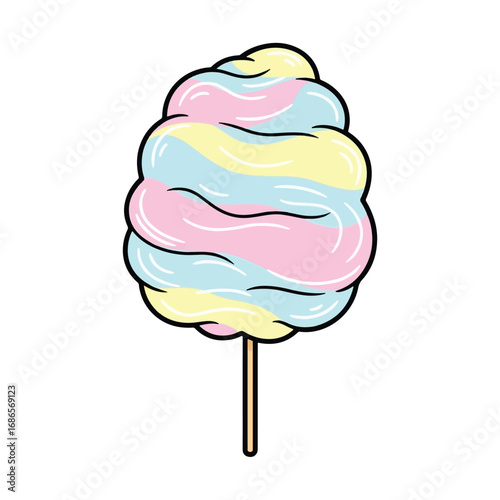 Colorful swirled cotton candy on a stick, a sweet sugary treat illustration with pastel pink, blue, and yellow hues.