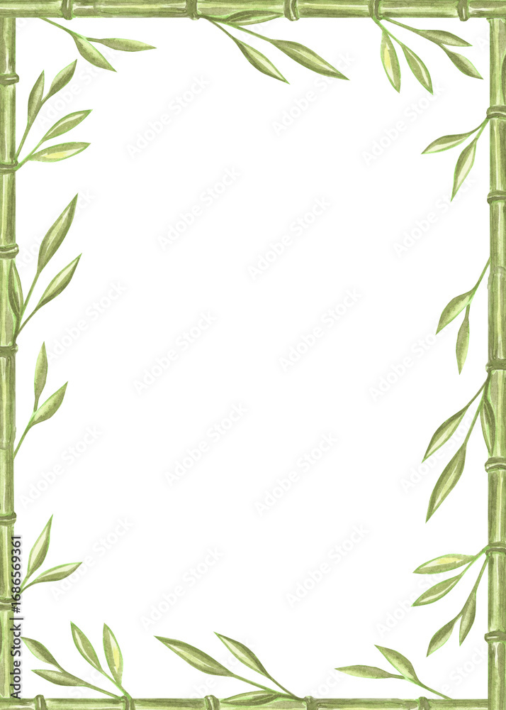 Naklejka premium Bamboo stems with leaves watercolor postcard template. Frame with copy space with floral branches. Hand drawn isolated illustration border from greenery foliage. Rainforest plant for zen, wellness.