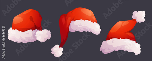 Set of red Christmas Santa Claus hats. Vector winter costume illustrations