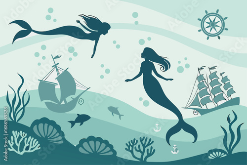 Sea-Inspired Mermaid Silhouettes and Nautical Elements