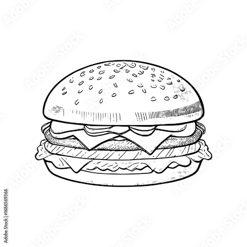 Detailed line art of a burger with sesame seeds on the bun.