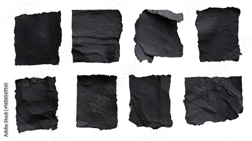 set of black torn paper pieces for collage or note design isolated on white