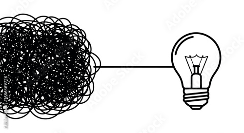 Tangled mess transforming into a bright idea light bulb