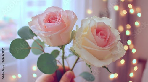 Wallpaper Mural Two pale pink roses held against soft window light with bokeh Torontodigital.ca
