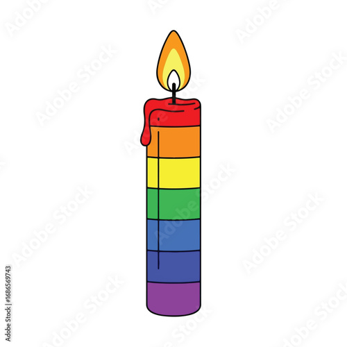 Rainbow candle with a flame on top, melting wax.