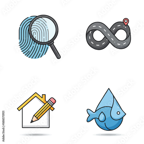 Identity, Endless Possibilities, Creative Home, and Marine Life Vector Icons Set – Unique Flat Design Concepts
