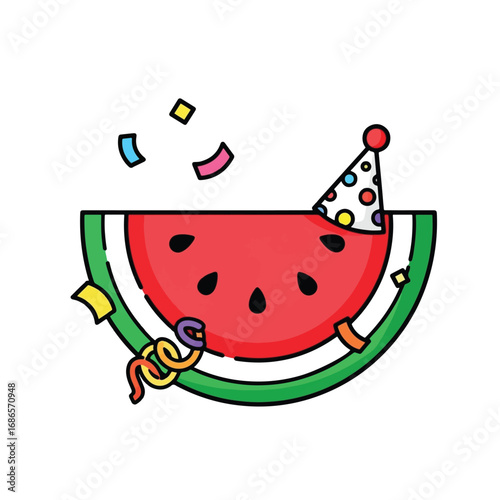 A cute cartoon watermelon slice wearing a polka dot party hat with colorful confetti and streamers celebrating.