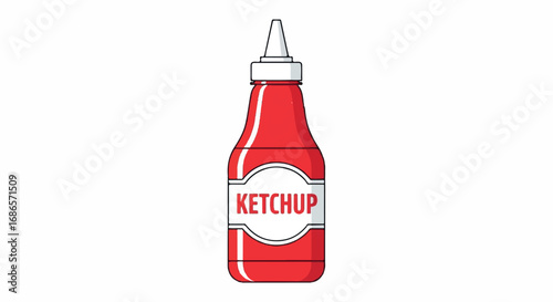 Ketchup bottle with white label and red cap.