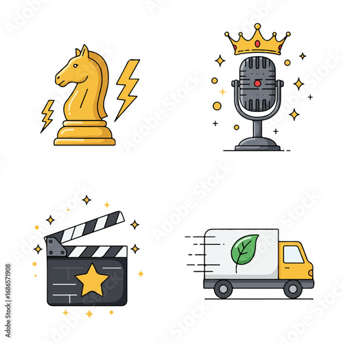 Strategic Power, Communication Leadership, Cinematic Excellence, and Eco Logistics Vector Icons Set – Stylized Flat Design